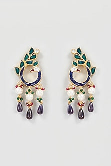 Gold Finish Kundan Polki & Blue Stone Peacock Earrings