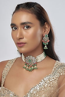 Black Rhodium Finish Kundan Polki & Zircon Choker Necklace Set