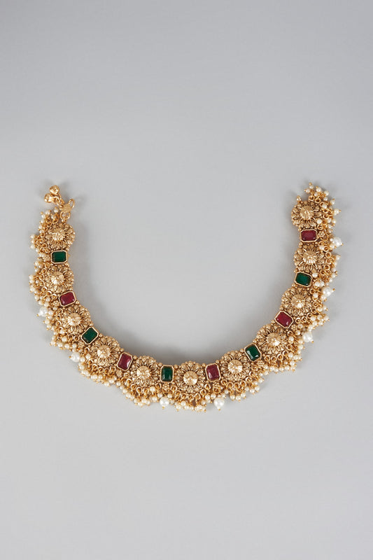Gold Finish Kundan Polki Anklets (Set of 2)
