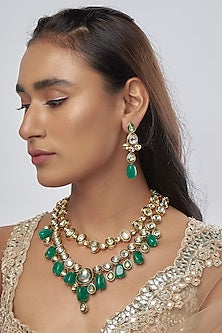 Gold Finish Kundan Polki & Green Drop Long Necklace Set