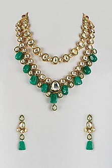Gold Finish Kundan Polki & Green Drop Long Necklace Set