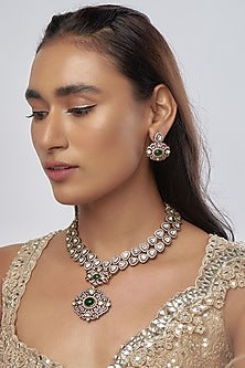 Black Rhodium Finish Moissanite Polki & Zircon Long Necklace Set