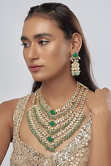 Gold Finish Kundan Polki & Green Drop Long Necklace Set
