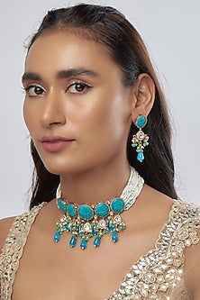 Gold Finish Blue Stone Choker Necklace Set