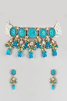 Gold Finish Blue Stone Choker Necklace Set