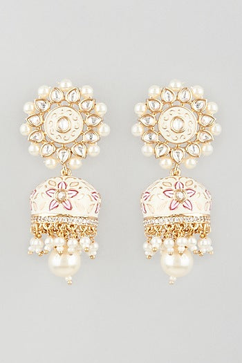 Gold Finish Peach Enamelled Jhumka Earrings