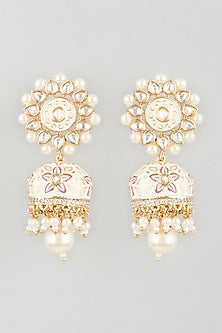 Gold Finish Peach Enamelled Jhumka Earrings