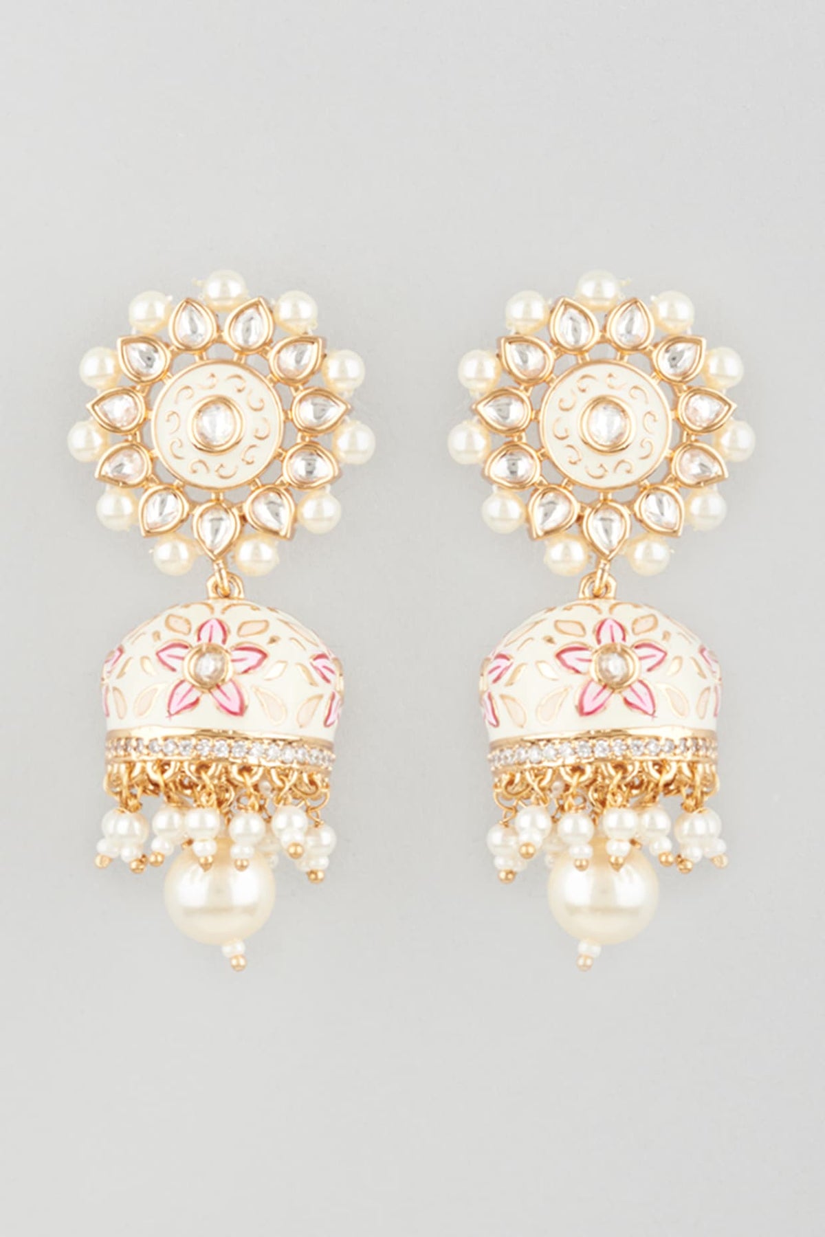 Gold Finish Peach Enamelled Jhumka Earrings