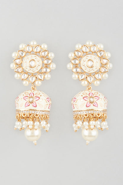 Gold Finish Peach Enamelled Jhumka Earrings