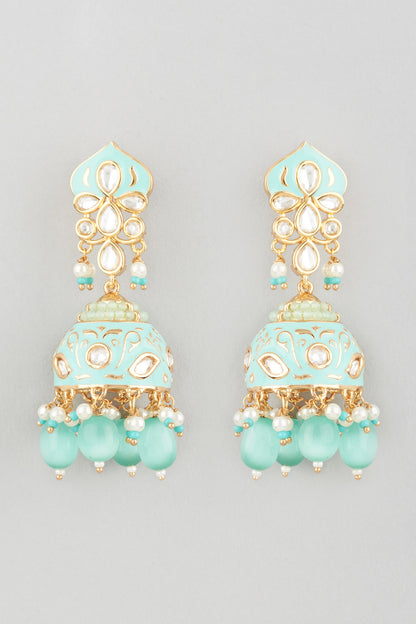 Gold Finish Turquoise Enamelled Jhumka Earrings