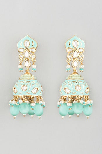 Gold Finish Turquoise Enamelled Jhumka Earrings
