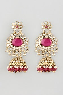 Gold Finish Enamelled Jhumka Earrings With Mangtikka