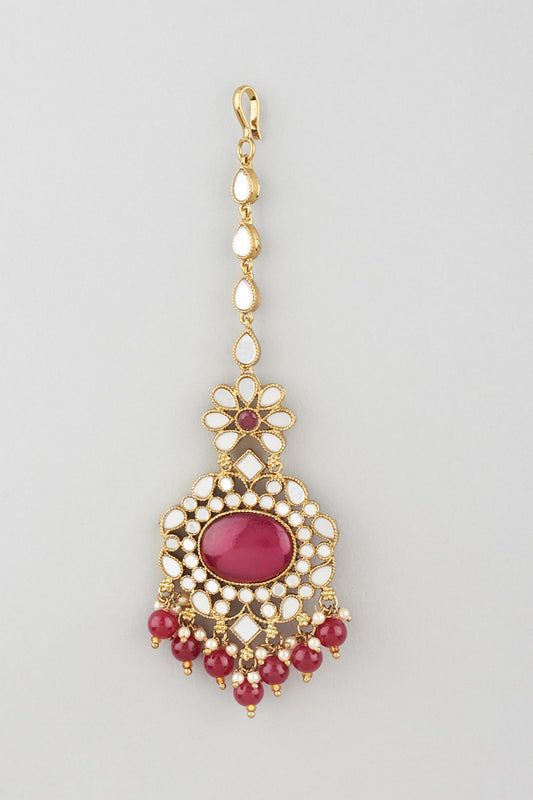 Gold Finish Enamelled Jhumka Earrings With Mangtikka