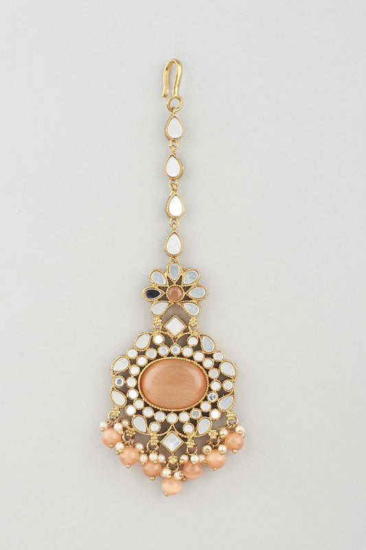 Gold Finish Orange Enamelled Jhumka Earrings With Mangtikka