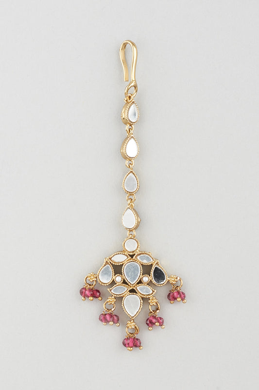 Gold Finish Rose Pink Stone Jhumka Earrings With Mangtikka