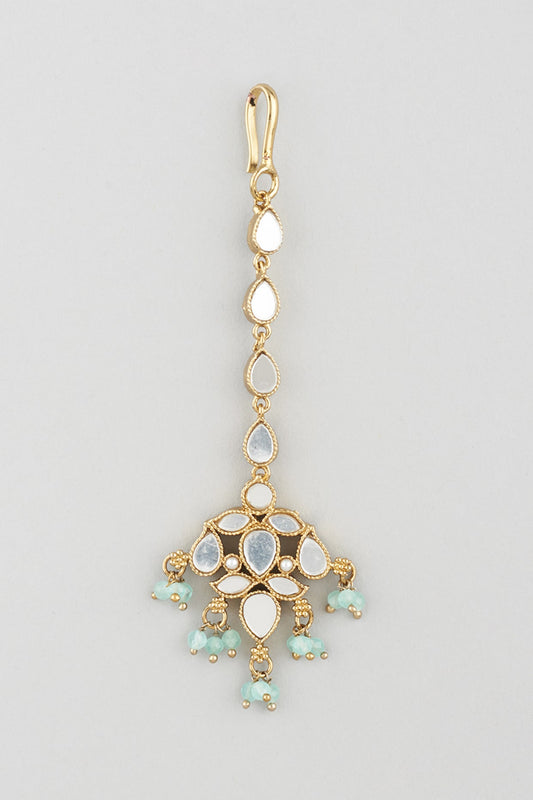 Gold Finish Turquoise Enamelled Jhumka Earrings With Mangtikka