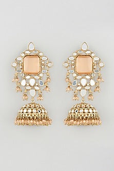 Gold Finish Light Orange Stone Jhumka Earrings With Mangtikka