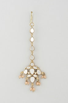 Gold Finish Light Orange Stone Jhumka Earrings With Mangtikka