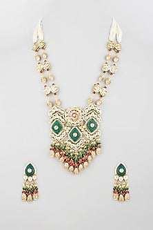 Gold Finish Multi-Colored Stone Long Necklace Set