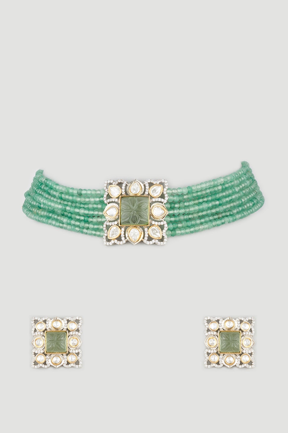 White Finish Aquarium Green Beaded Choker Necklace Set