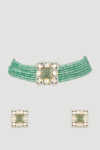 White Finish Aquarium Green Beaded Choker Necklace Set