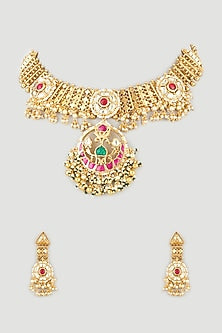 Gold Finish Multi-Colored Stone Necklace Set