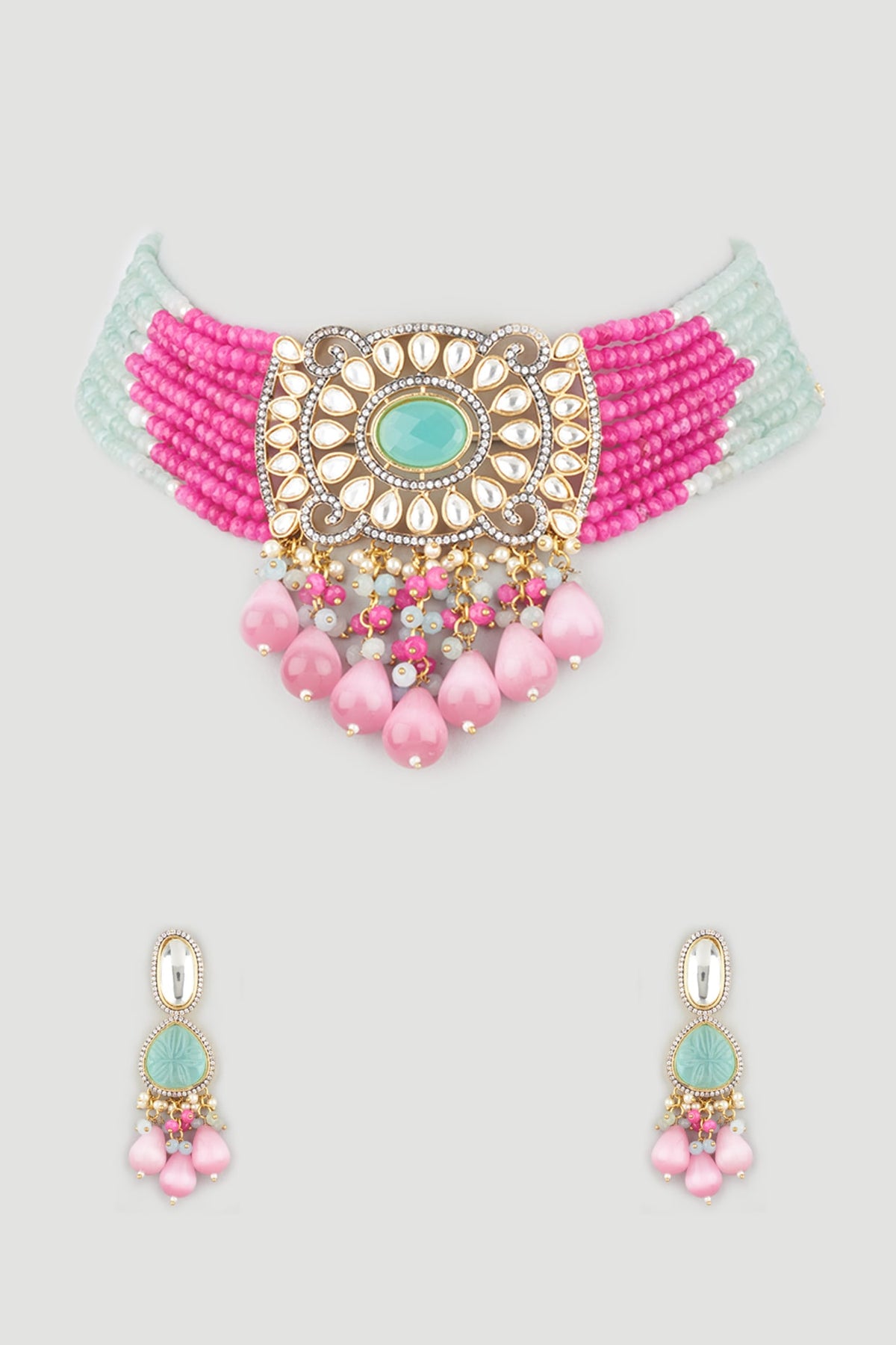 Two Tone Finish Multi-Colored Beaded Choker Necklace Set