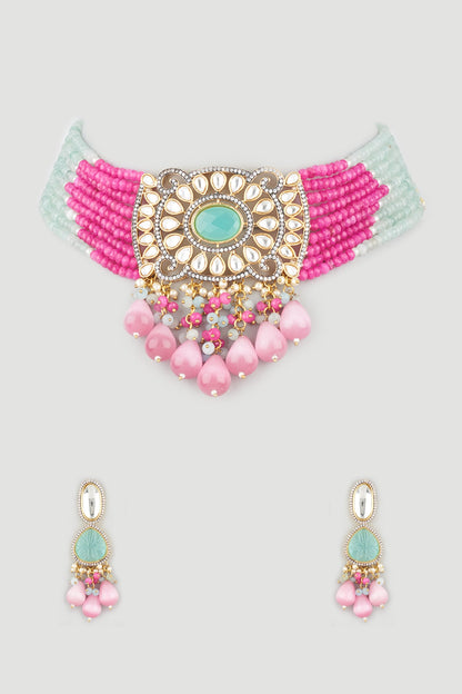 Two Tone Finish Multi-Colored Beaded Choker Necklace Set