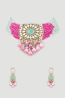 Two Tone Finish Multi-Colored Beaded Choker Necklace Set