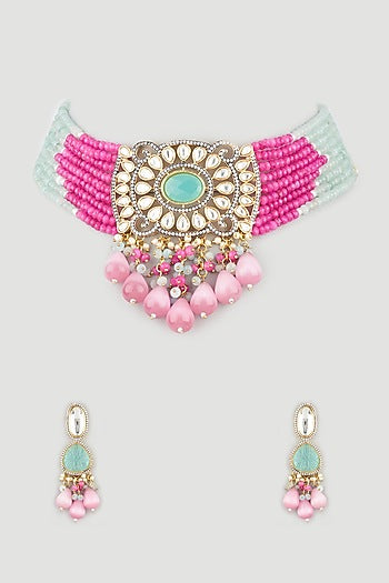 Two Tone Finish Multi-Colored Beaded Choker Necklace Set