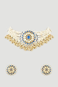 Gold Finish Cobalt Blue Stone Choker Necklace Set