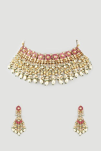 Gold Finish Red Stone Choker Bridal Necklace Set