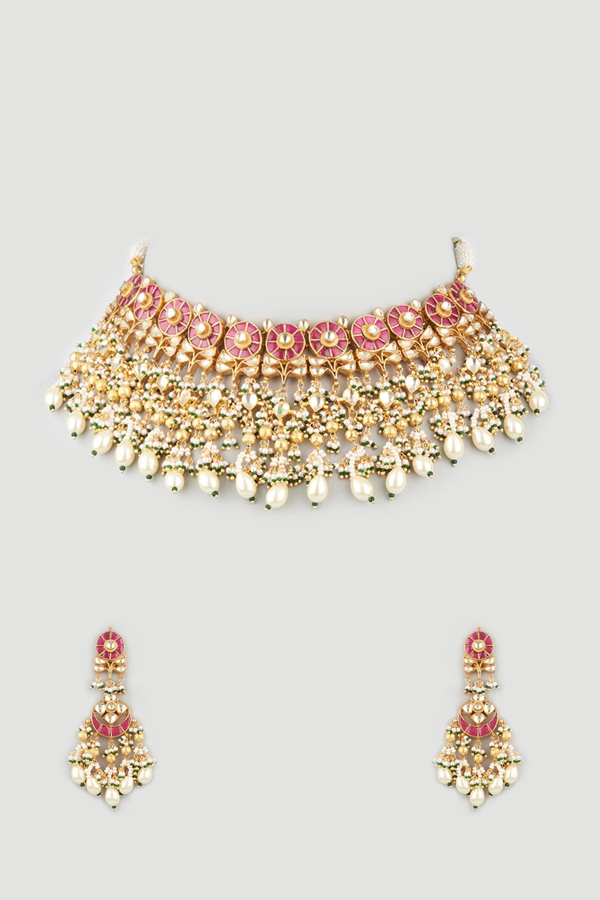 Gold Finish Red Stone Choker Bridal Necklace Set
