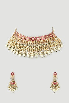 Gold Finish Red Stone Choker Bridal Necklace Set