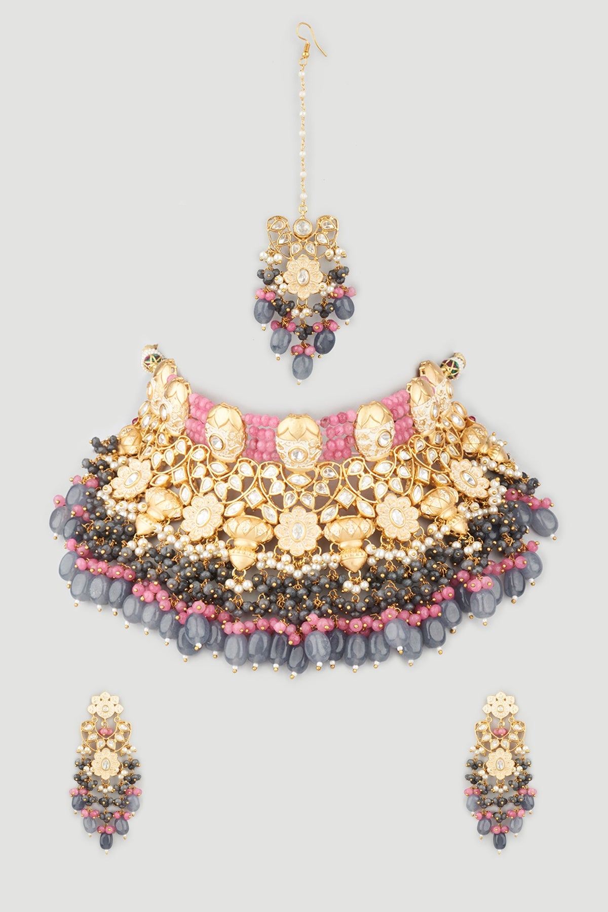 Gold Finish Choker Bridal Necklace Set With Multi-Colored Beads