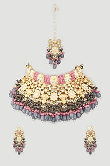 Gold Finish Choker Bridal Necklace Set With Multi-Colored Beads