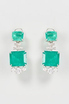 Silver Finish Green Synthetic Stone Dangler Earrings
