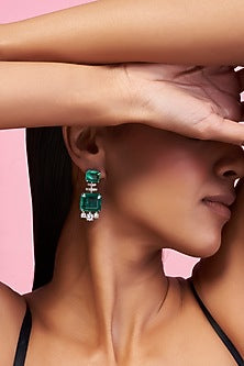 Silver Finish Green Synthetic Stone Dangler Earrings