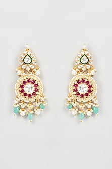 Gold Finish Stone & Kundan Polki Dangler Earrings