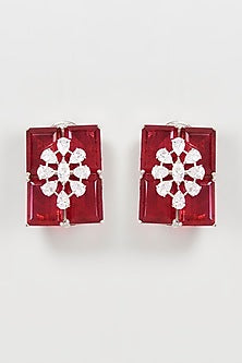 Silver Finish Red Doublet Stone Stud Earrings