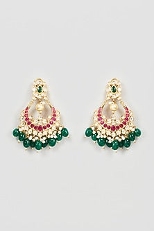 Gold Finish Multi-Colored Kundan Polki Chandbali Earrings