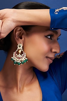 Gold Finish Multi-Colored Kundan Polki Chandbali Earrings
