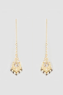 Gold Finish Grey Kundan Polki Chandbali Earrings With Maang Tikka