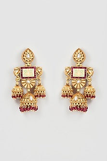 Gold Finish Red Stone & Kundan Polki Jhumka Earrings