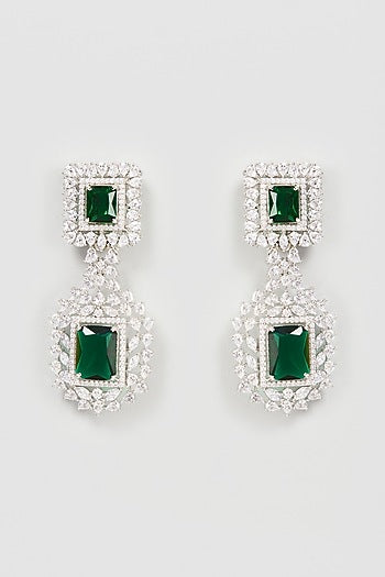Silver Finish Emerald & Zircon Diamond Earrings
