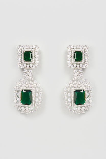 Silver Finish Emerald & Zircon Diamond Earrings