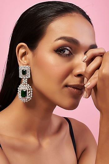 Silver Finish Emerald & Zircon Diamond Earrings