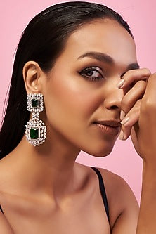 Silver Finish Emerald & Zircon Diamond Earrings
