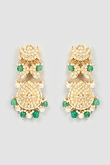 Gold Finish Green & White Kundan Polki Chandbali Earrings