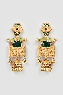 Gold Finish Green Stone & Kundan Polki Temple Earrings